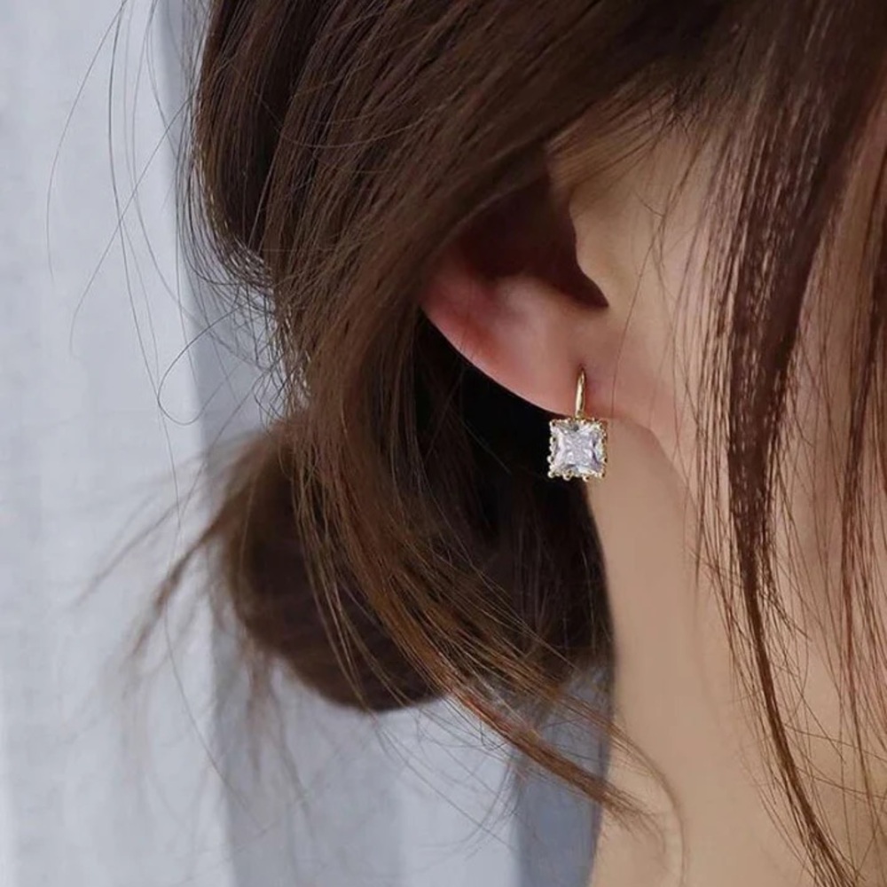 Gold-Tone Square CZ Drop Earrings - Sparkling Clear Stones - Picture 5 of 5